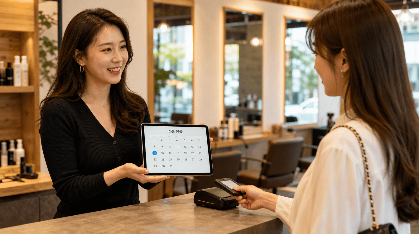 미용실 계산대에서 손님의 다음 방문 예약을 잡아주는 원장