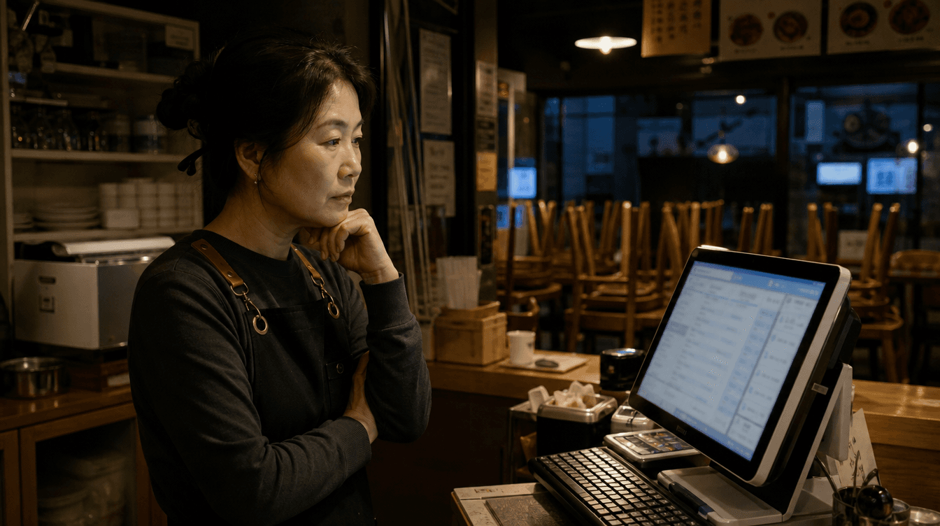 마감 후 포스기에서 재방문 손님 기록을 확인하는 사장