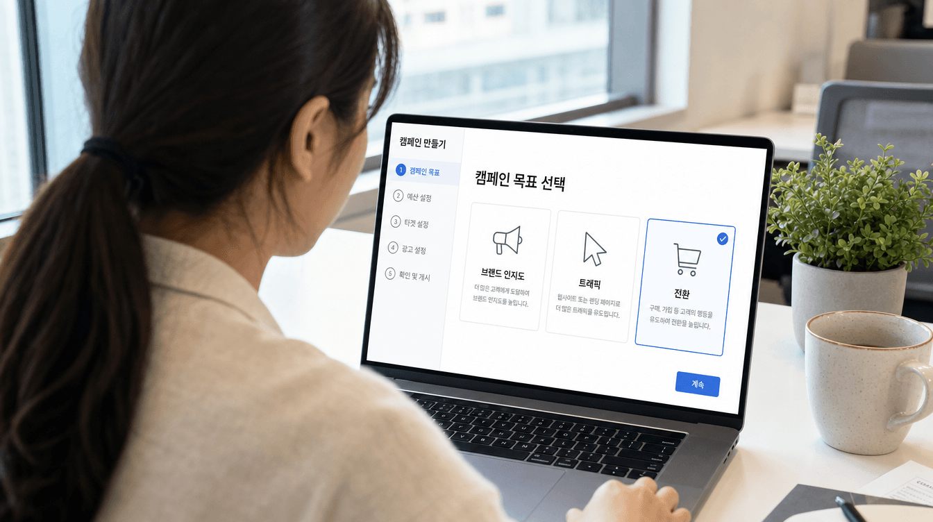 광고 캠페인 목표 세 가지를 고르는 선택 화면