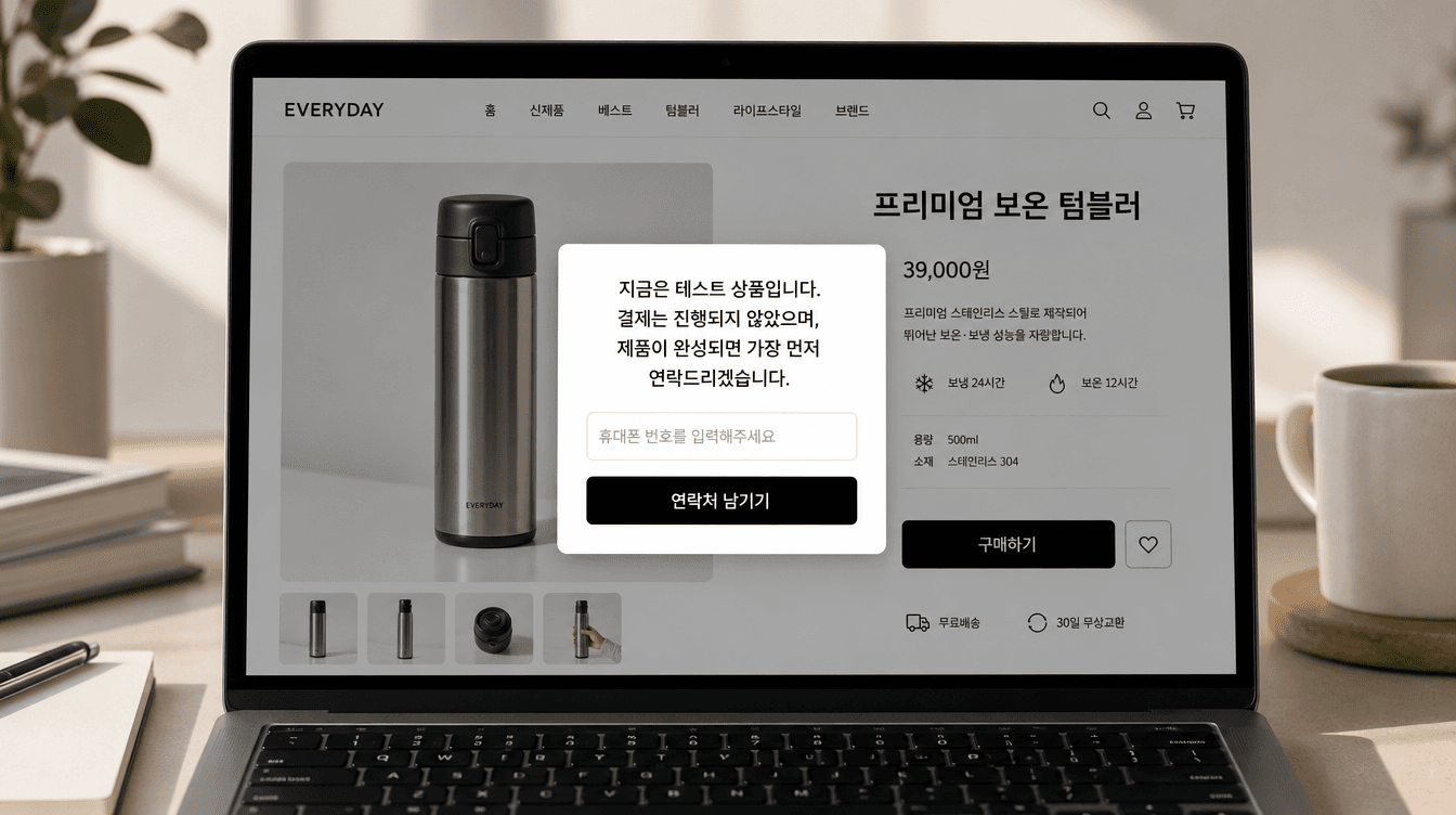 결제 버튼을 누르면 테스트 상품 안내와 연락처 입력창이 뜨는 화면