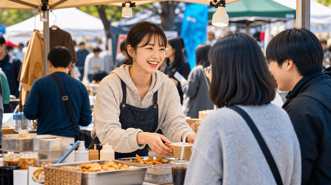 플리마켓 부스에서 음식을 파는 젊은 사장