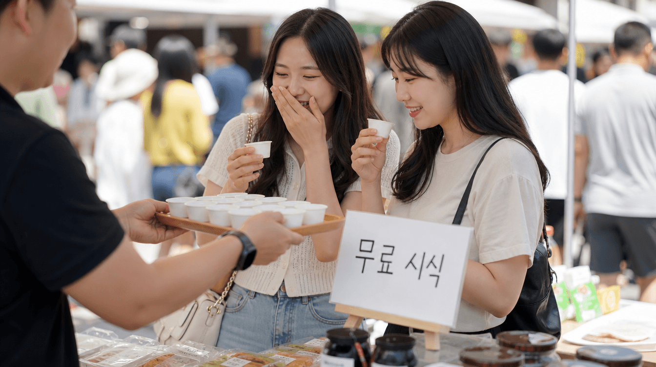 무료 시식 이벤트에서 시식 컵을 받아 맛보는 손님들