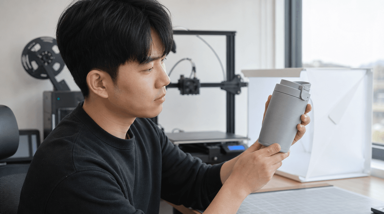 3D 프린트 외형 샘플을 손에 쥐고 살펴보는 창업자