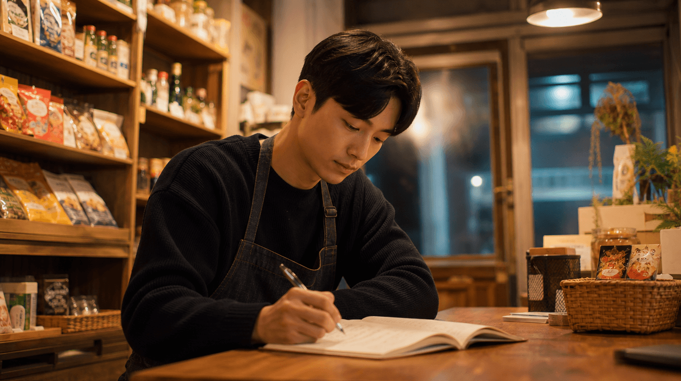 단골 손님 명단을 노트에 적는 젊은 사장