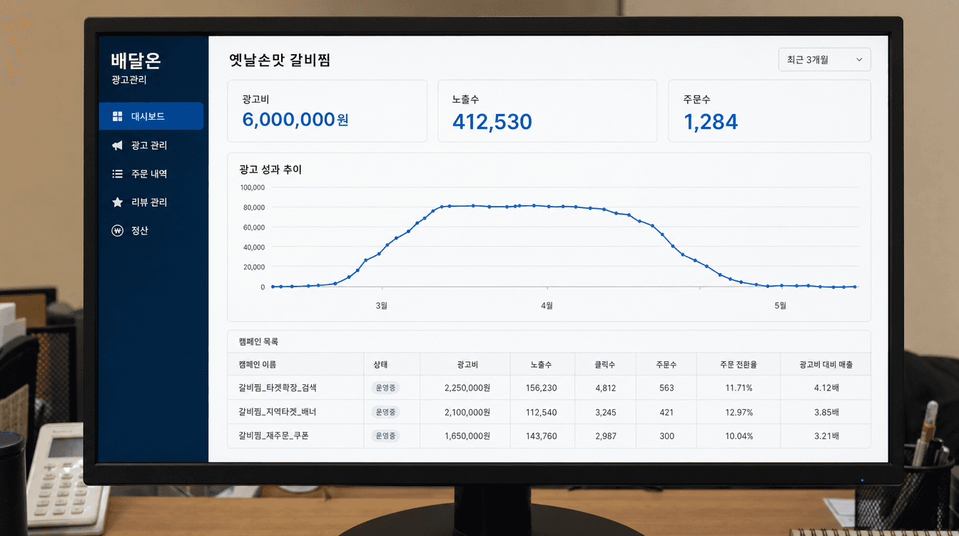 배달앱 광고 관리 화면에서 주문 수가 두 달 만에 떨어진 그래프