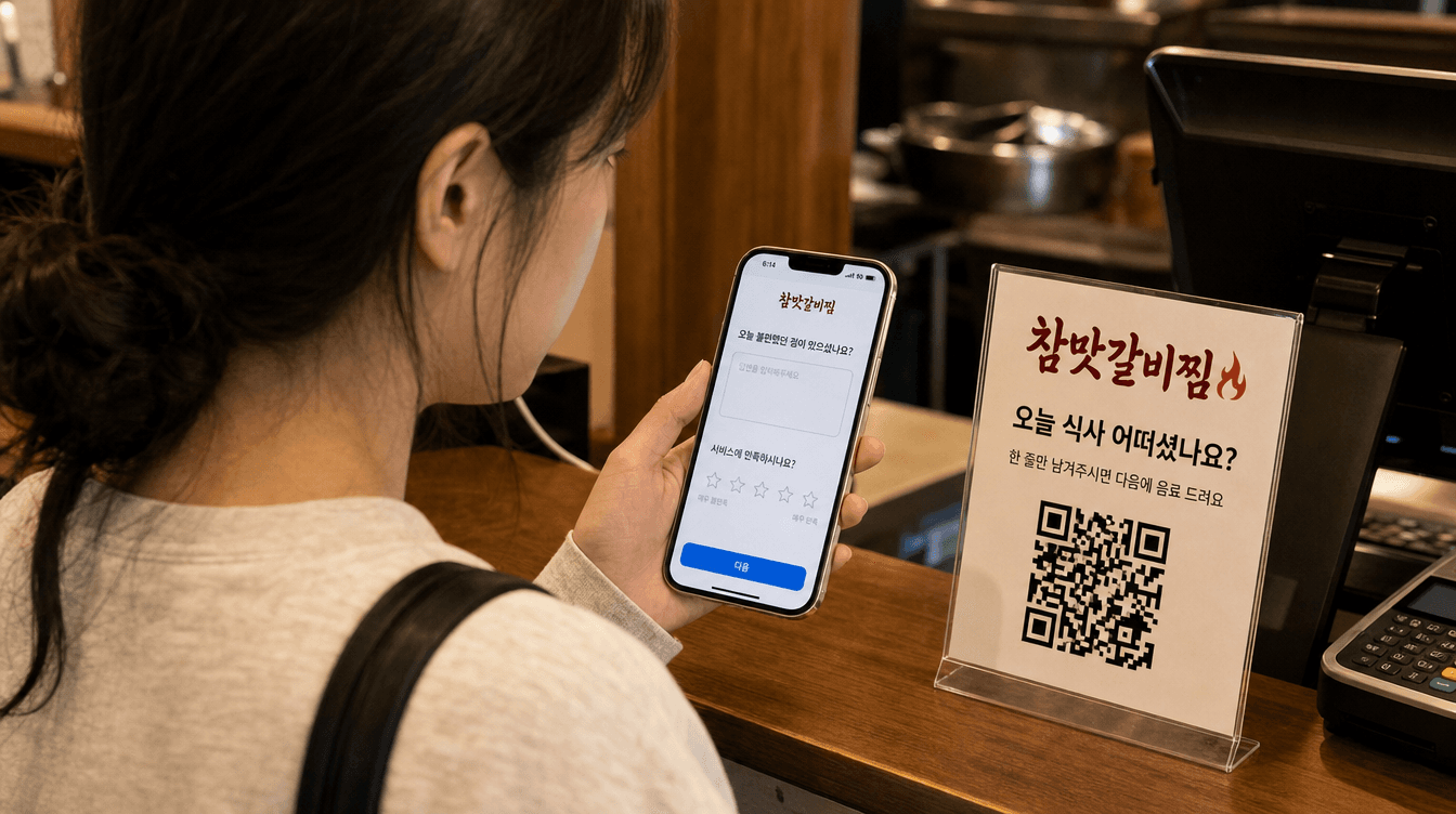 식당 계산대에서 QR코드로 설문을 여는 손님